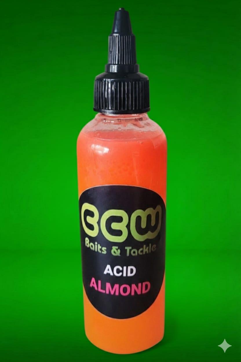 Bottle of CBW Baits & Tackle Acid Almond on a green background