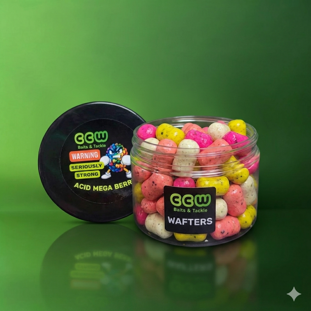 Jar of colorful wafters on a green background