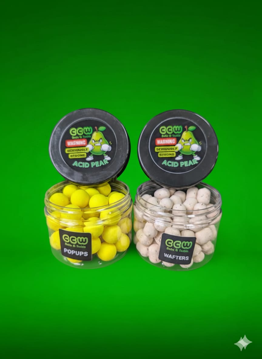 Two jars of fishing lures labeled 'Acid Pea' on a green background