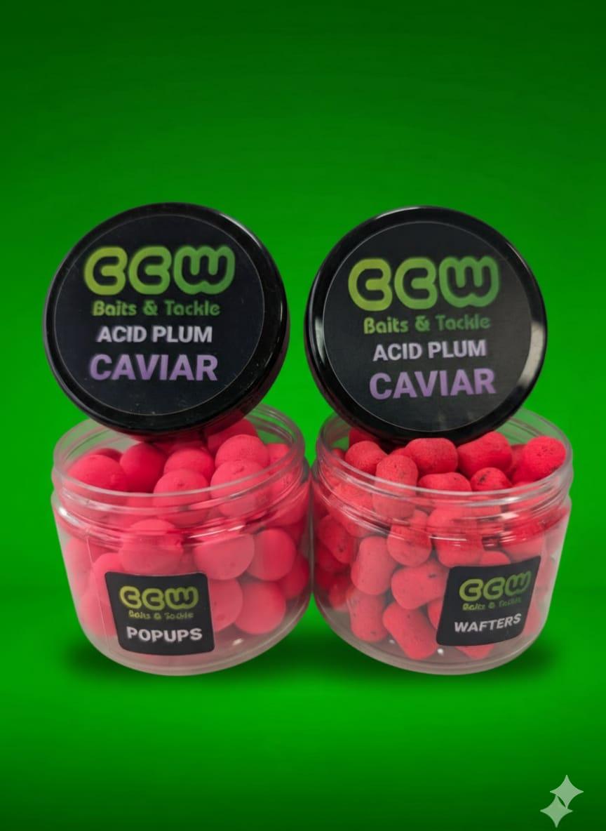 Two jars of CCW Baits & Tackle Acid Plum Caviar on a green background