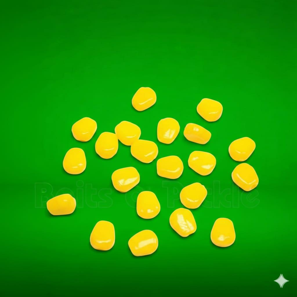 Yellow corn kernels on a green background