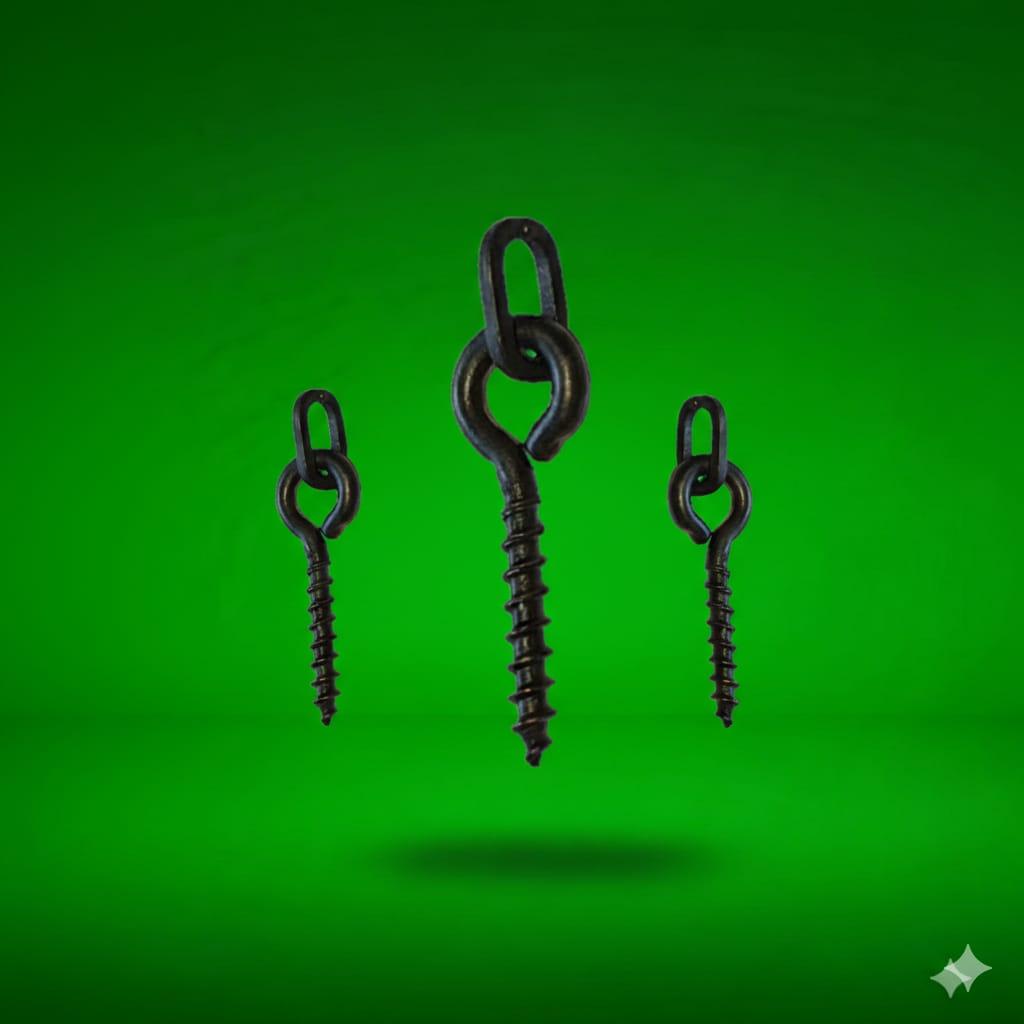 Three black Bait Screws on a green background