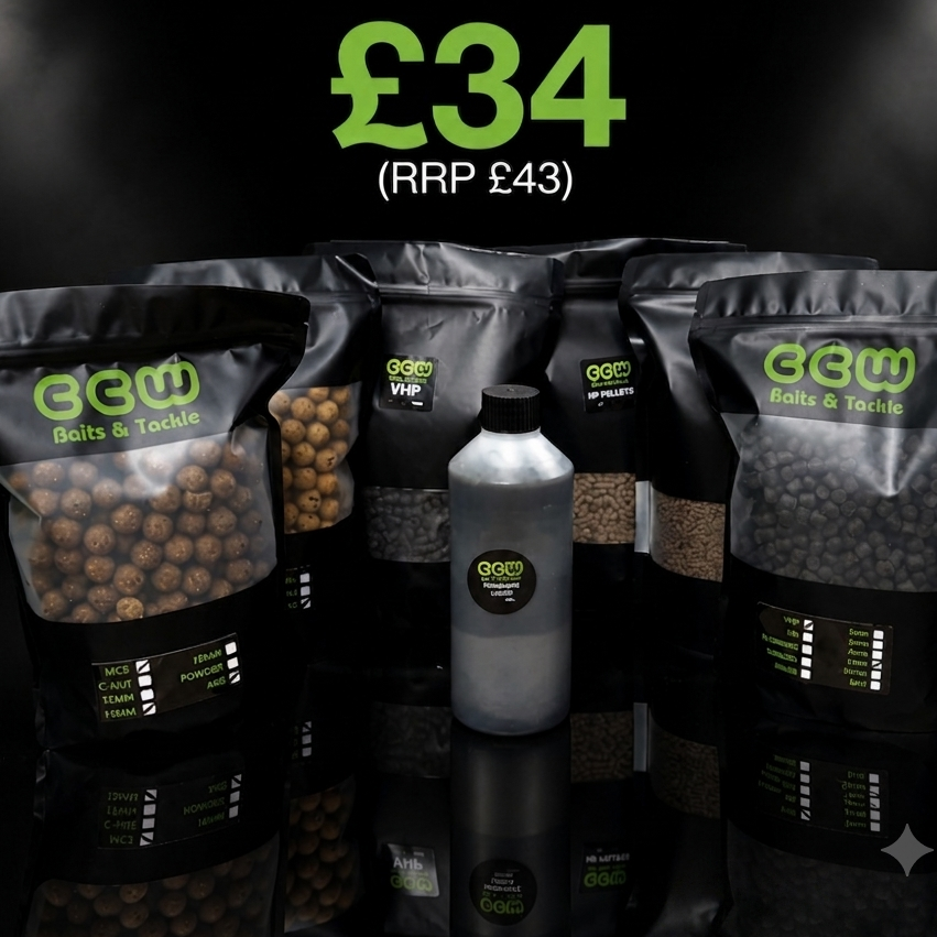 A promotional product shot showing several bags of CCW bait and tackle products and one bottle arranged on a glossy black surface, with large text at the top reading £34 (RRP £43)'.
