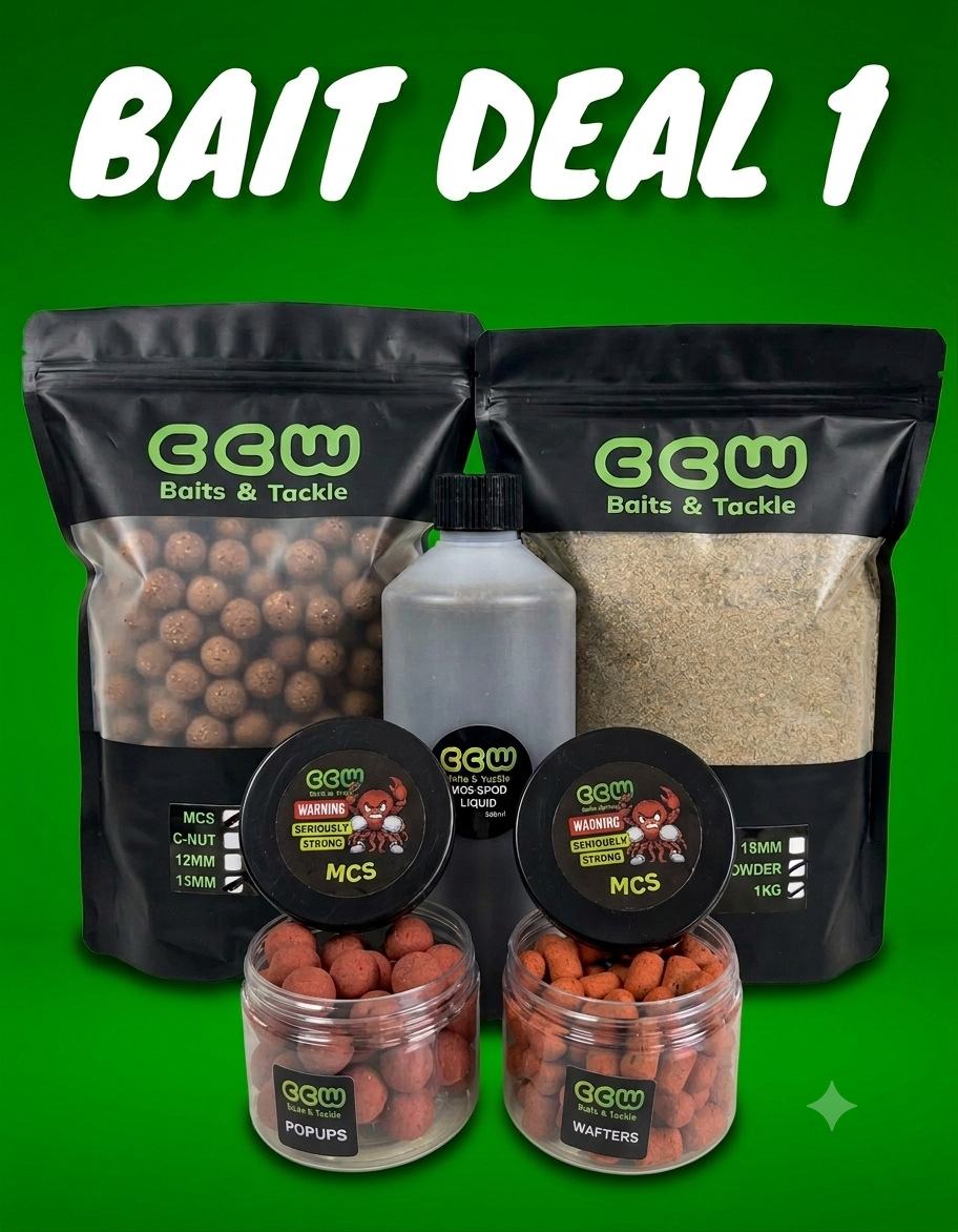 A promotional product bundle for 'BAIT DEAL 1' by CCW Baits & Tackle, featuring two black stand-up pouches of carp baits, a bottle of spod liquid and two small jars of fishing hook baits on a solid green background.