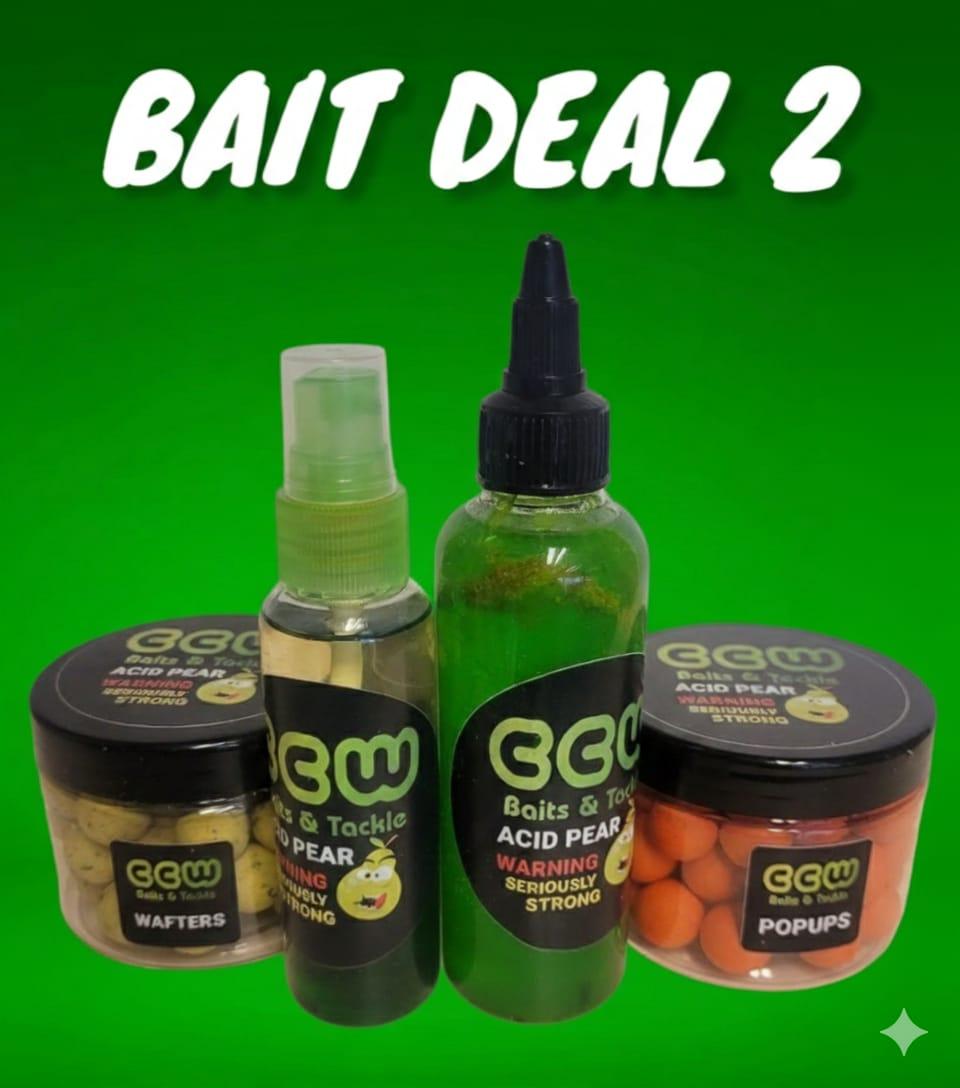 Collection of fishing baits with CCW branding on a green background