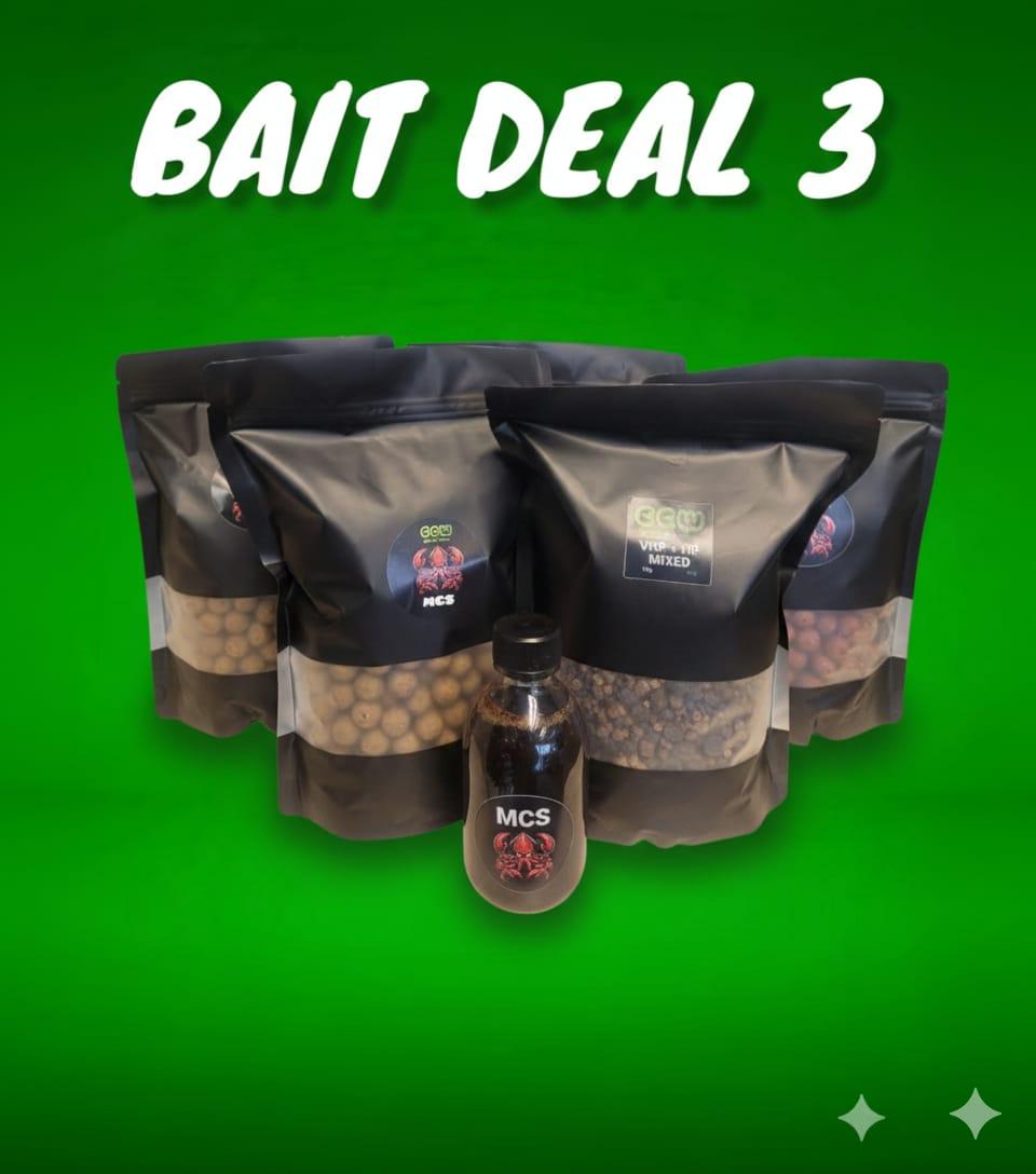 Fishing bait deal with bags and a bottle on a green background