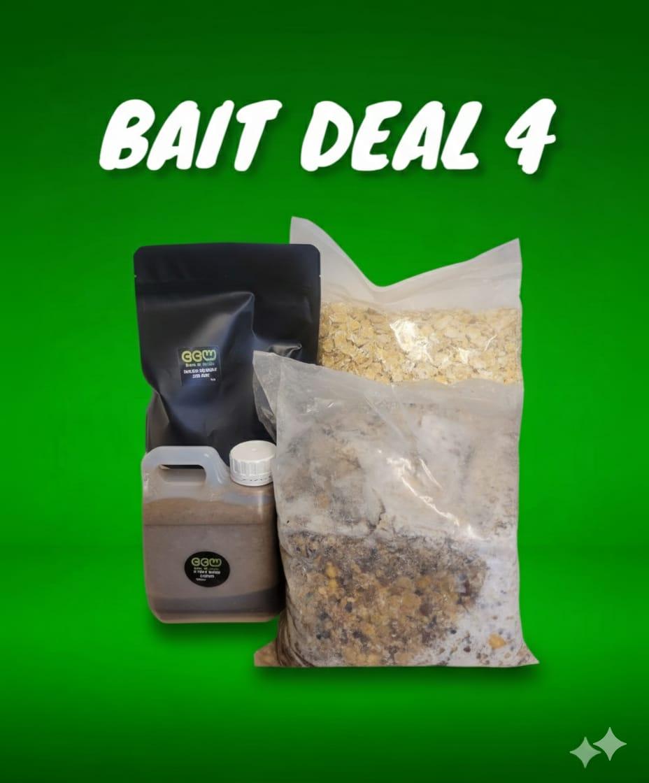 Collection of fishing bait items on a green background with 'Bait Deal 4' text.