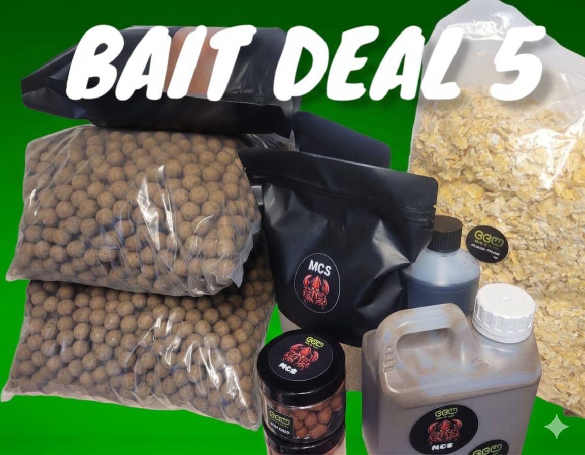 Collection of fishing baits and accessories with 'MCS' branding on a green background.