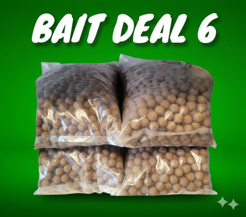 Four bags of brown boilies labeled 'Bait Deal 6' on a green background