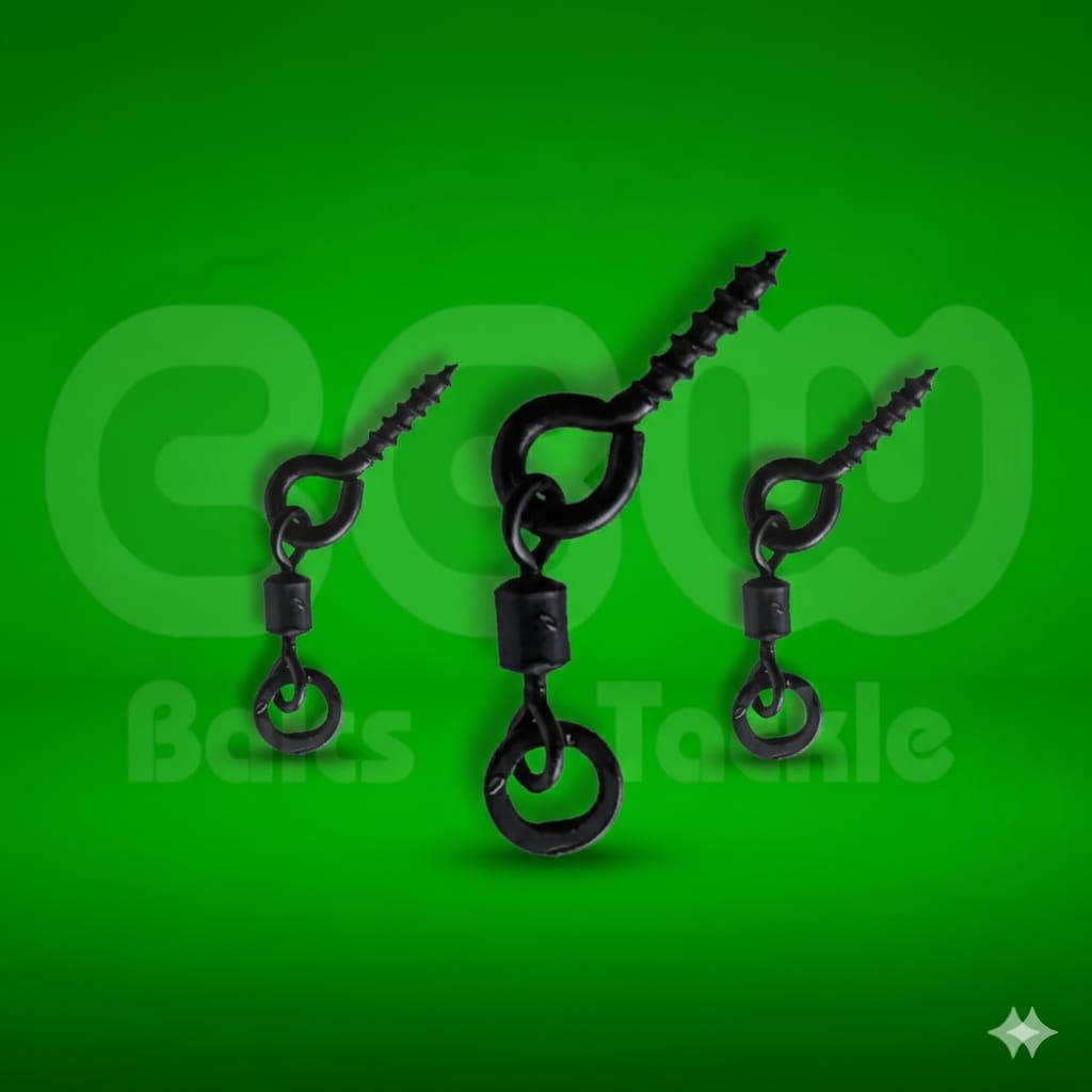 Three black fishing swivels on a green background with  ‘CCW Baits Tackle' branding.