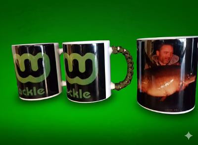 Three mugs with a logo and text on a green background