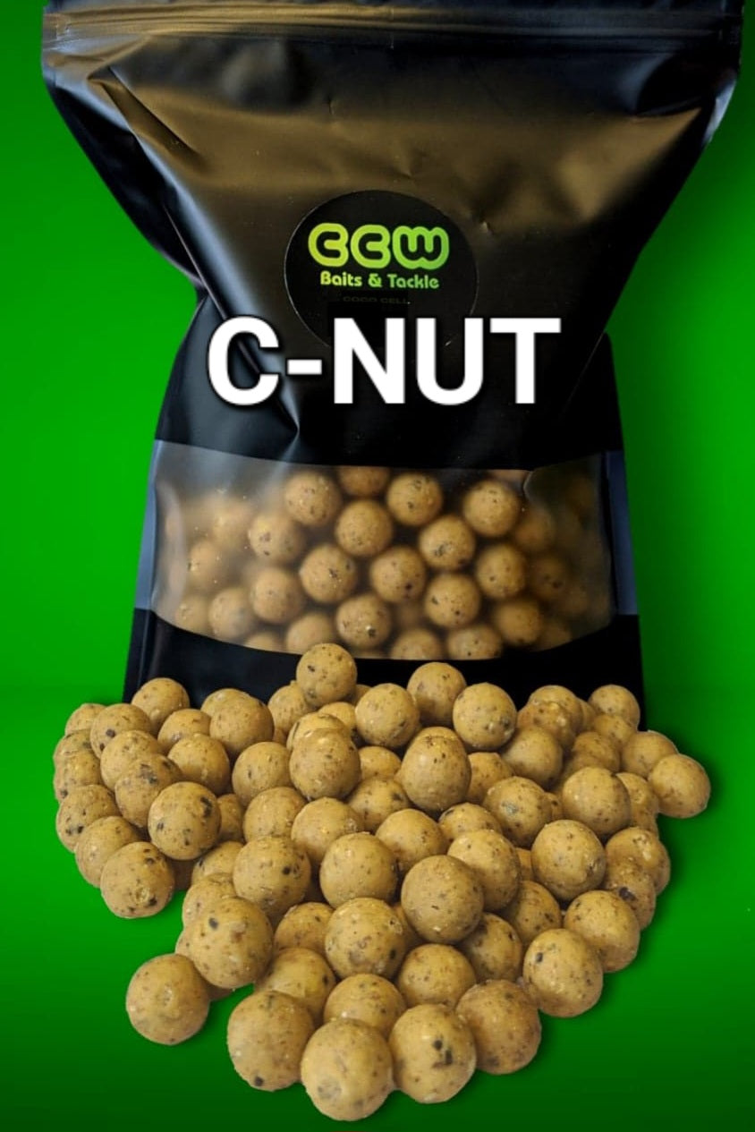 C NUT Boilies in a black stand up pouch sealed bag and logo