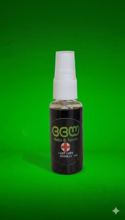 Bottle ofCCW  Carp Care Propolis Spray on a green background