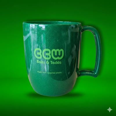 Green mug with CCW Baits & Tackle branding on a green background