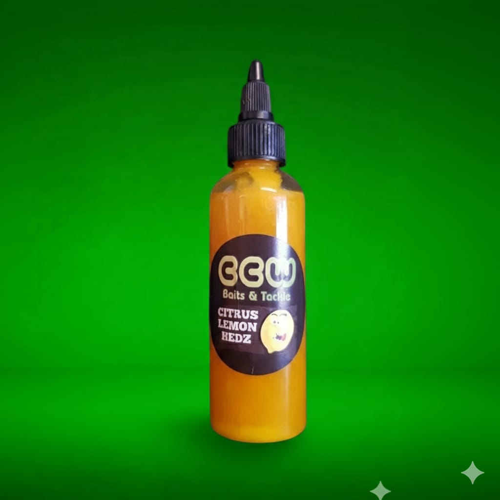 Citrus Lemon Hedz Bait Soak bottle with black cap on a green background