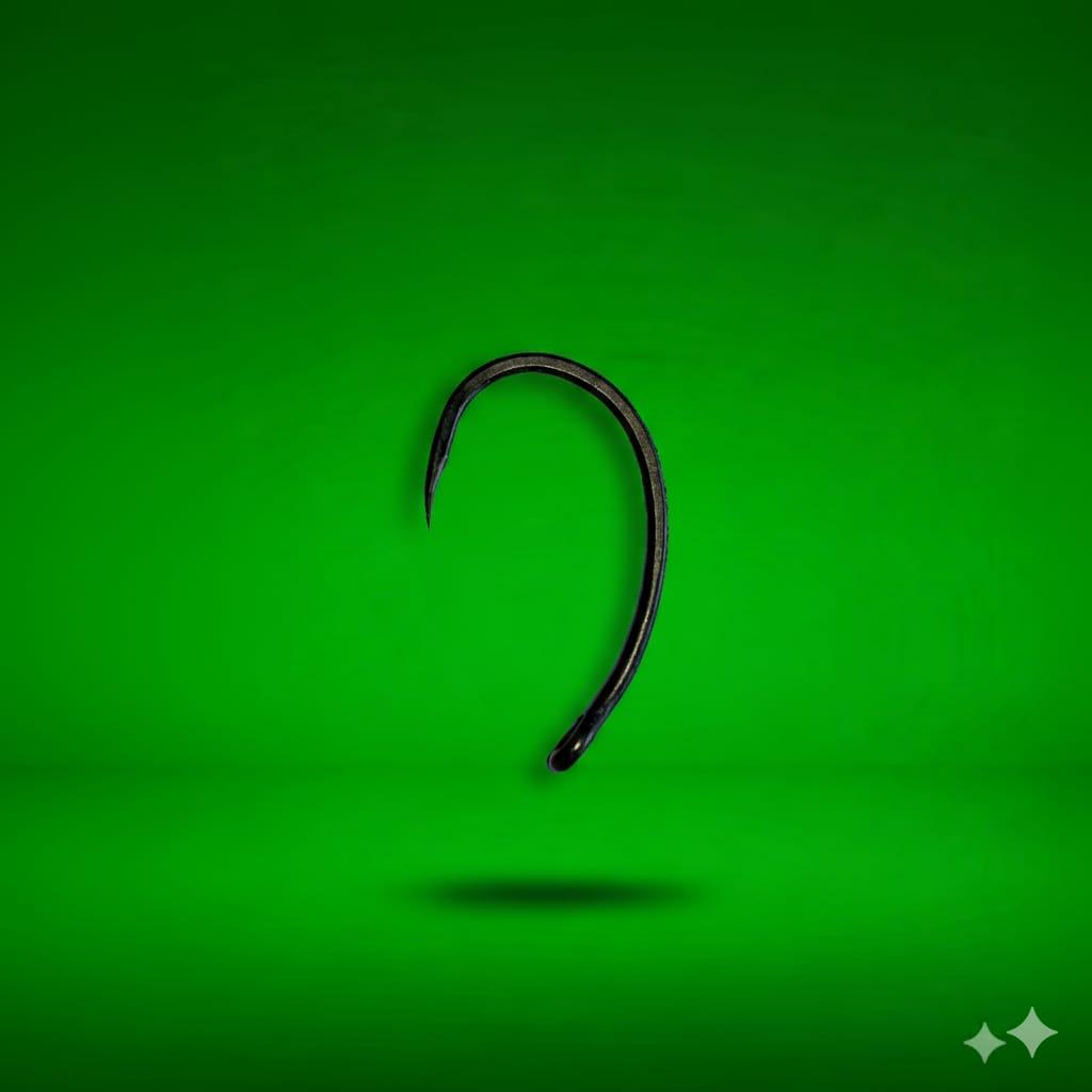 Black fishing hook on a green background