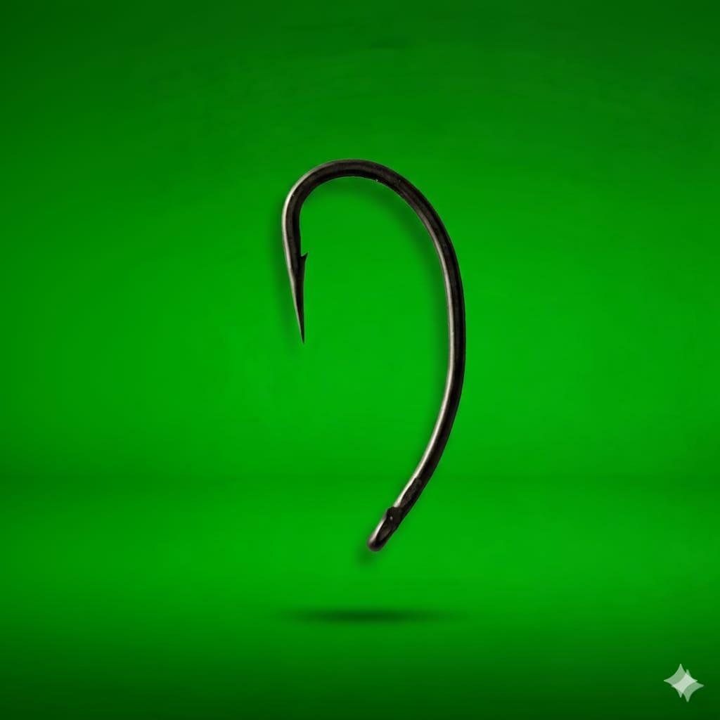 Black fishing hook on a green background