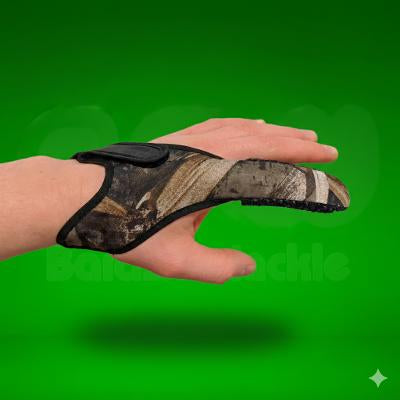 Camo finger stall on a hand against a green background