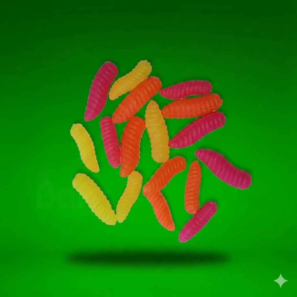 Fluoro Floating Artificial Maggots On a green background 