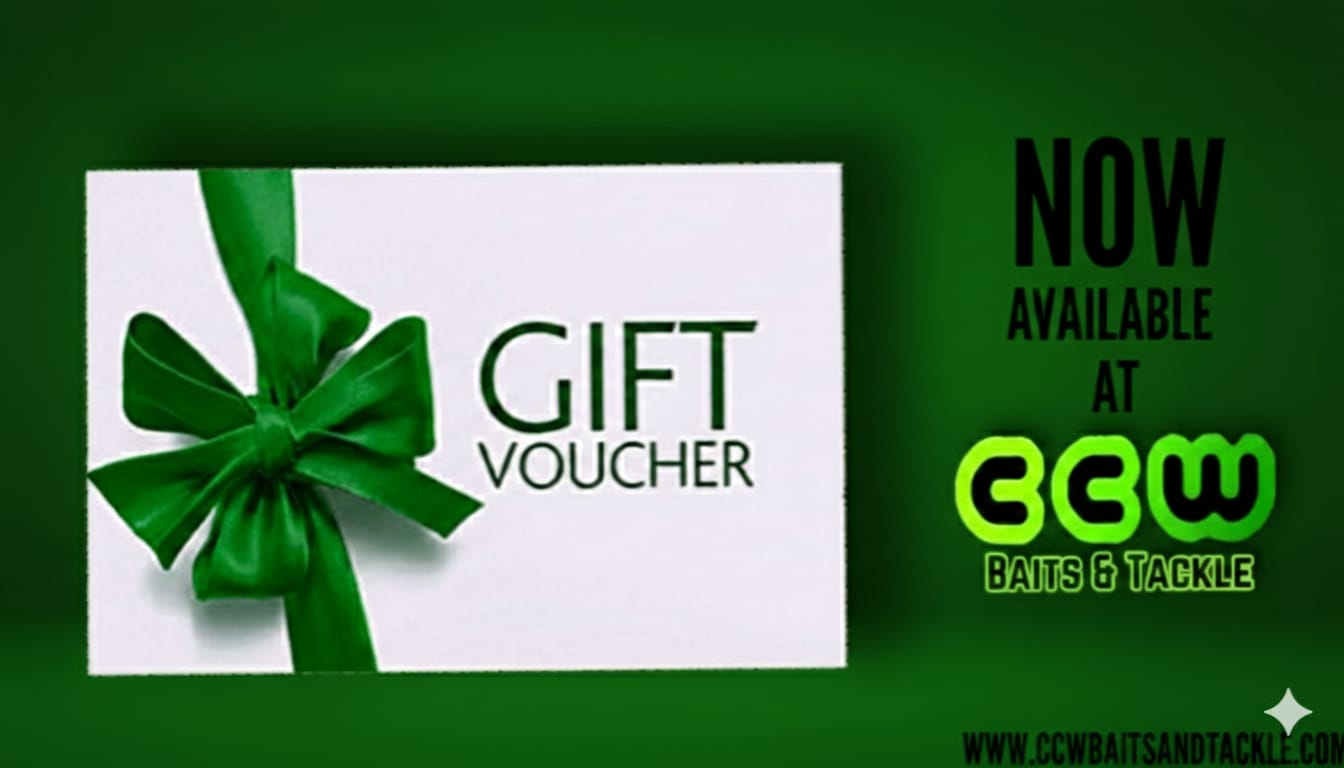 Gift voucher with green bow on a white background, displayed against a green backdrop with text about availability at CCW Baits & Tackle.
