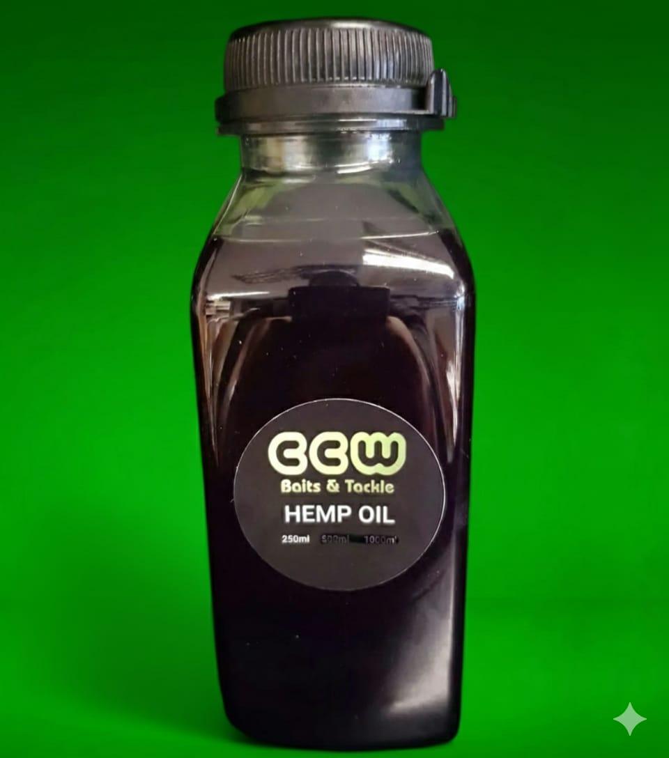 Bottle of CCW Baits & Tackle Hemp Oil on a green background