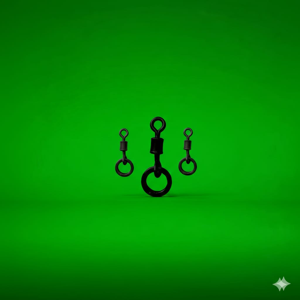 Three black fishing swivels on a green background