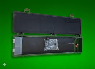 Open green rig case with a clear bag inside on a green background