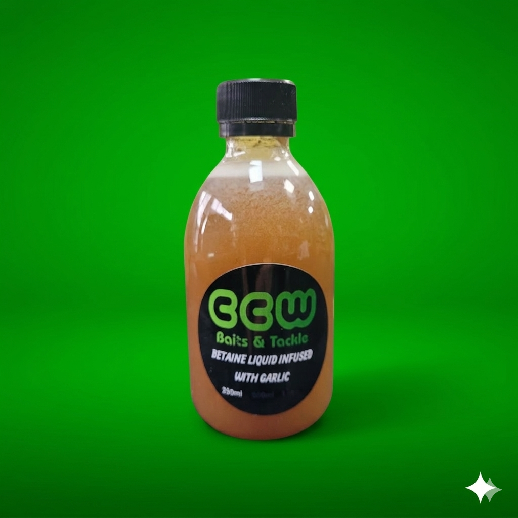 Bottle of liquid betaine infused with garlic on a greenbackground