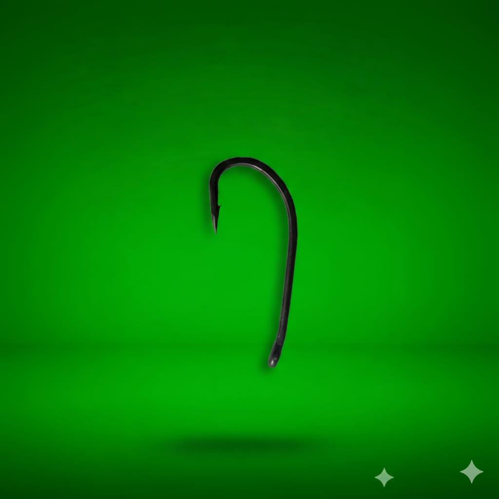 Black fishing hook on a green background