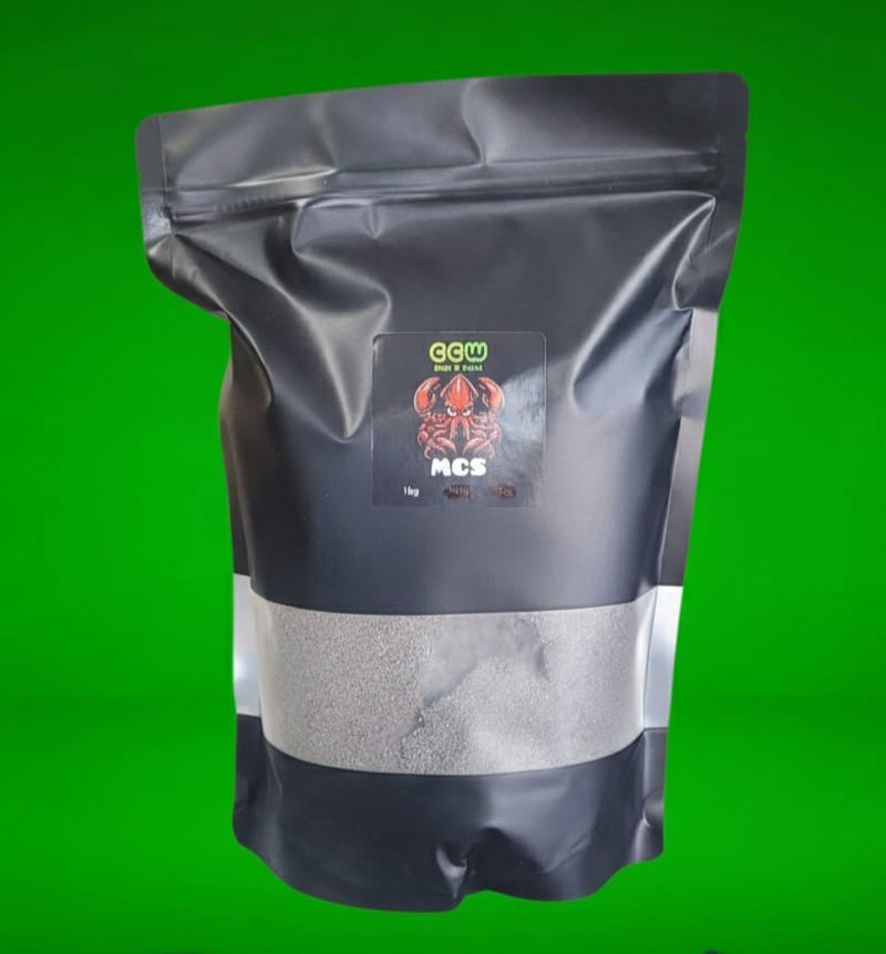 Black packaging  MCS powder with a label on a green background