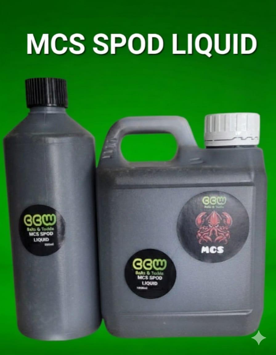 Two containers of MCS SPOD LIQUID on a green background