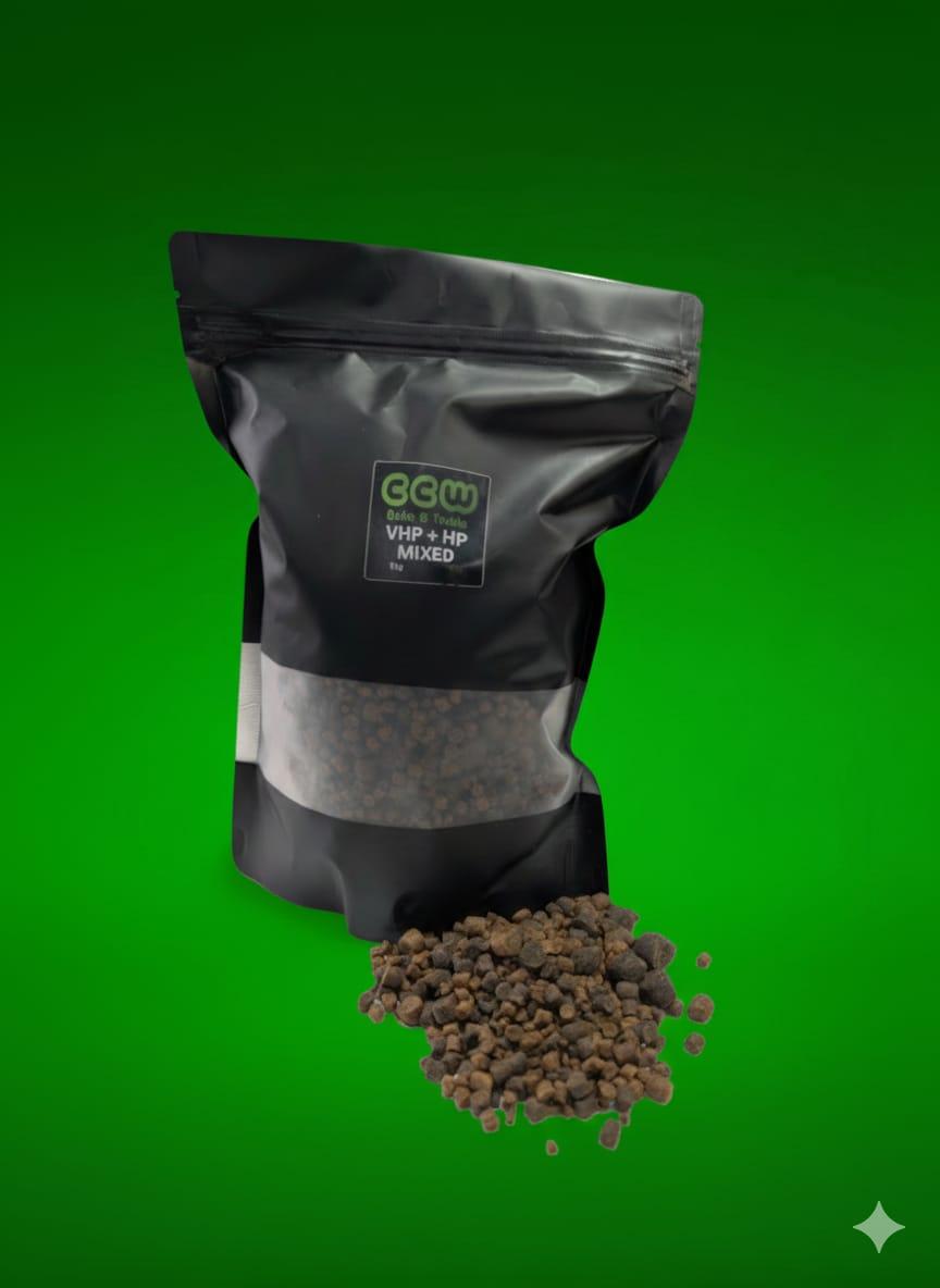 Black bag of Mixed VHP & HP Pellet on a green background
