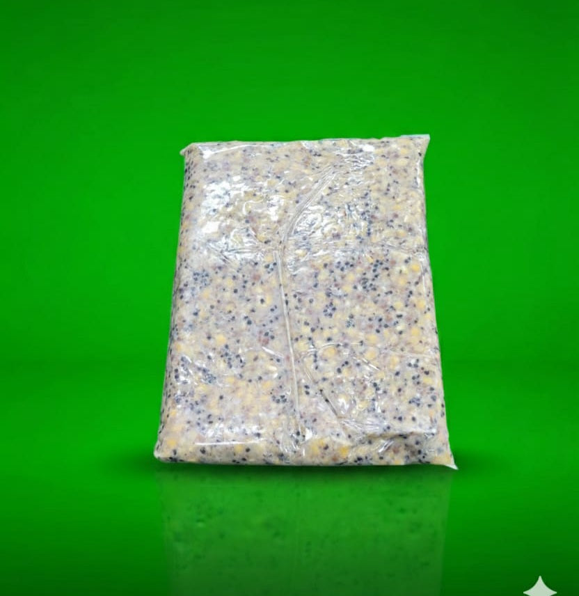 Bag of mixed preserved particle mix on a green background
