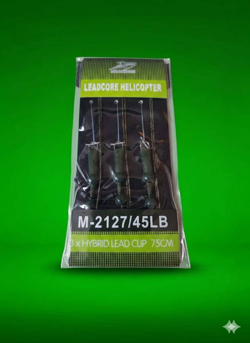 Packaged leadcore helicopter hybrid lead clip on a green background