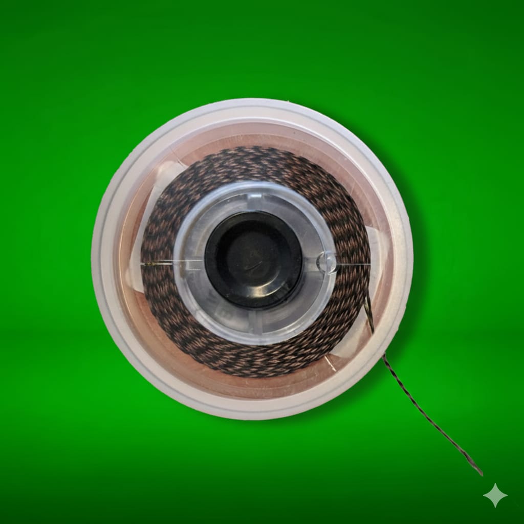 Spool of Snare Supple Braided Hook Link in a transparent container on a green background 