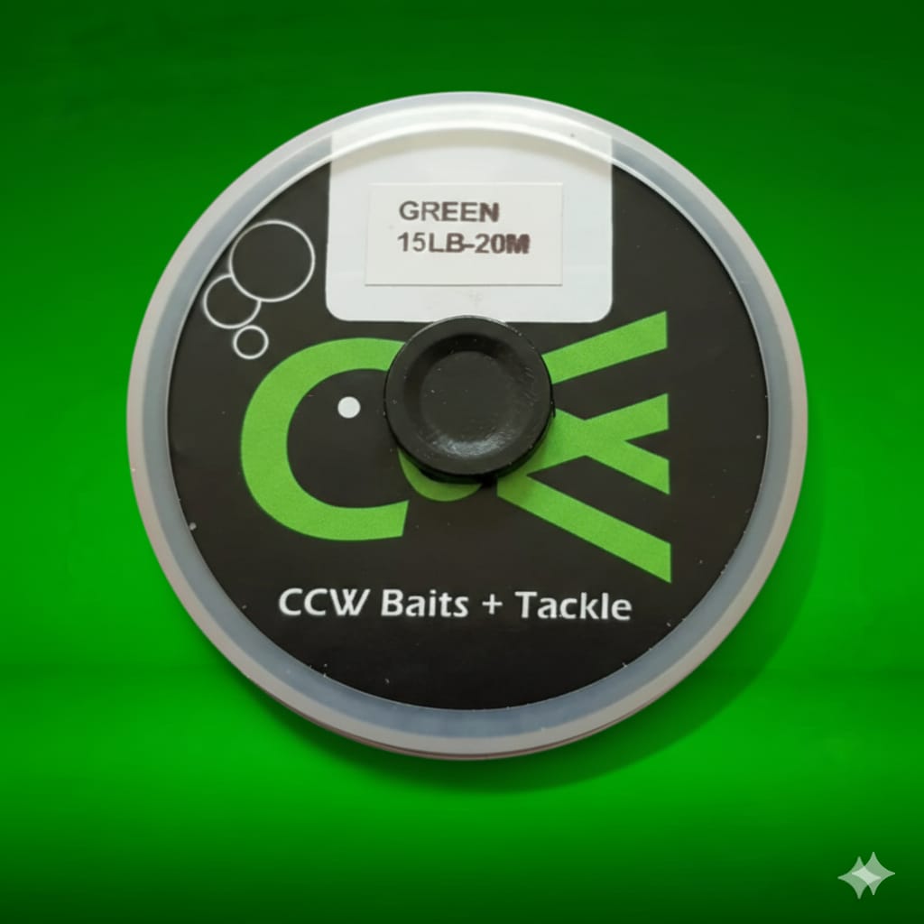 Fishing line spool with CCW Baits + Tackle branding on a green background