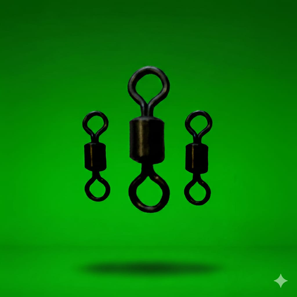 Three black fishing swivels on a green background