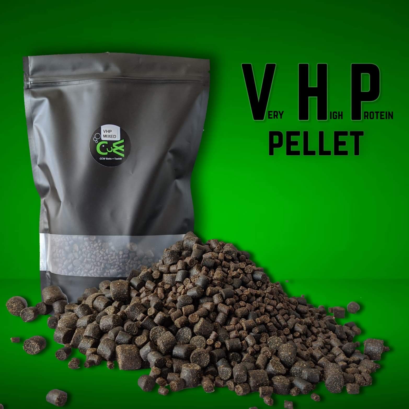 VHP Pellets, dark brown in colour, in a black bag with CCW logo on.