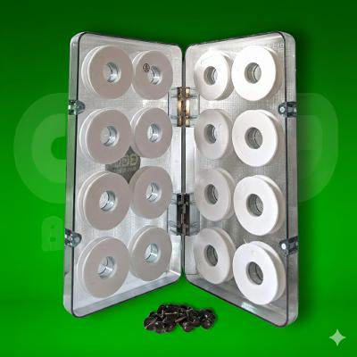 Clear plastic zig case with compartments on a green background